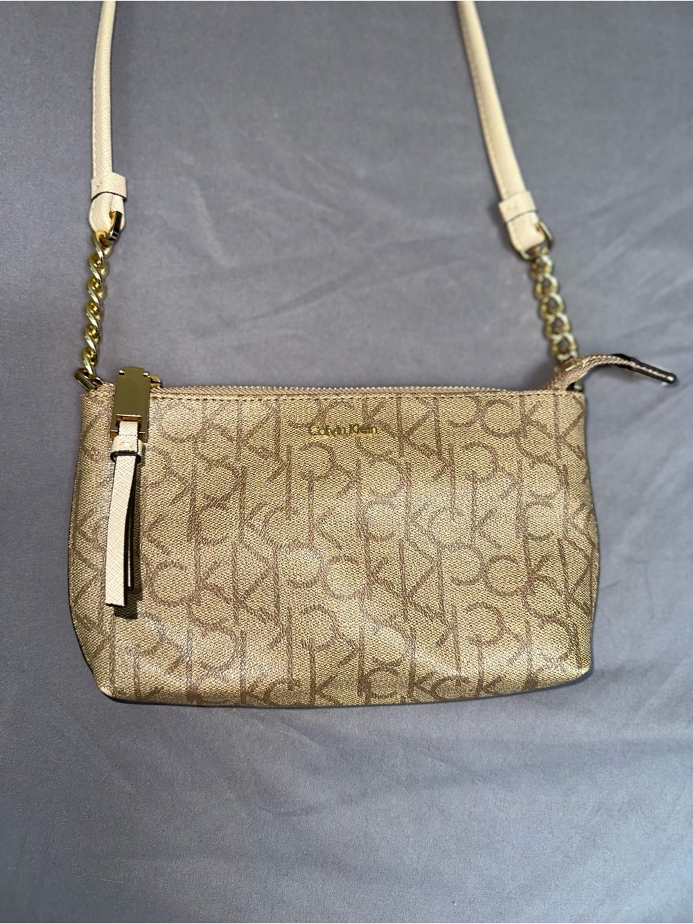 Calvin Klein Tan & Gold Logo Crossbody Bag